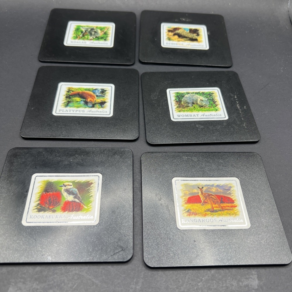 Drink Coaster 6 pc Set Australia United Animal Black Art Natural Fauna